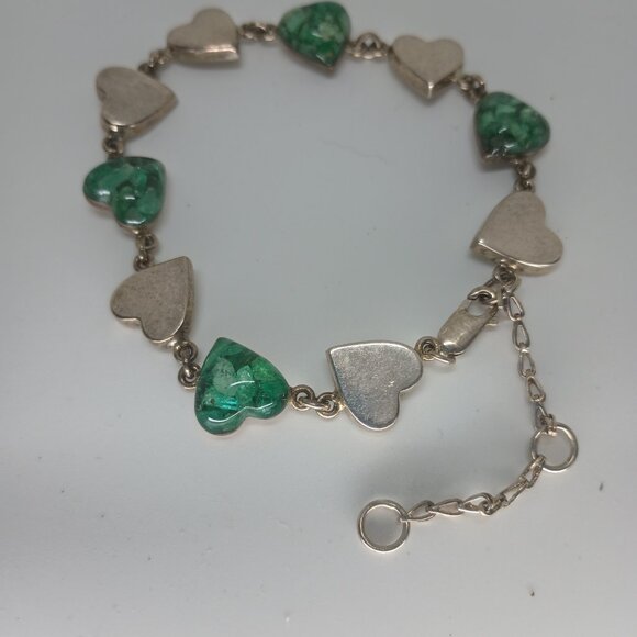Vintage Mexican Malachite Sterling Silver Heart Bracelet. - Picture 3 of 5